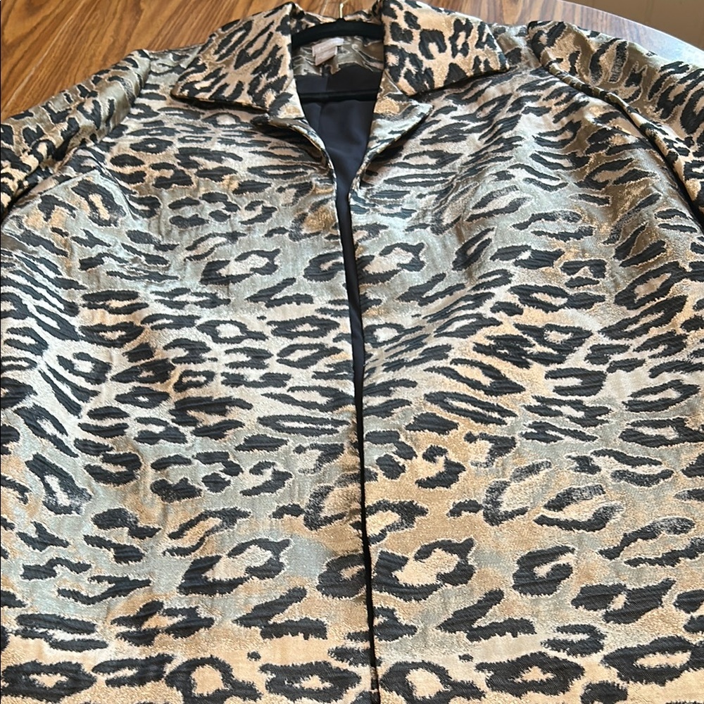 Chico’s Leopard Print Jacket with shiny gold material. It is on the longer side.